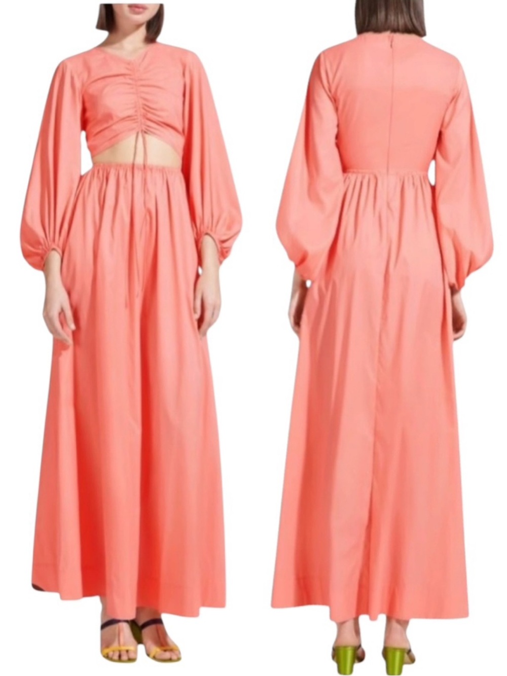 Staud Tangier Ruched Cutout Balloon Sleeve Maxi Dress Coral Size M - Picture 2 of 12